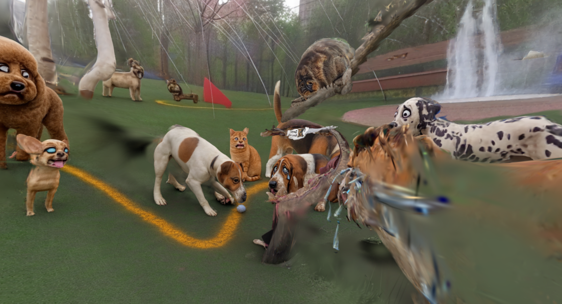 Dogs and cats with exaggerated expressions gather on grass around trees and a fountain in an imagined park.
